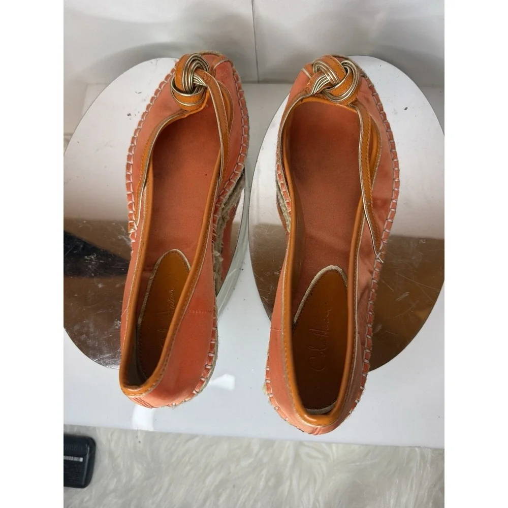Cole‎ Haan Orange Espadrille Flats Knot Front Peep Toe Sz 8.5 Slip On Boho Shoes
